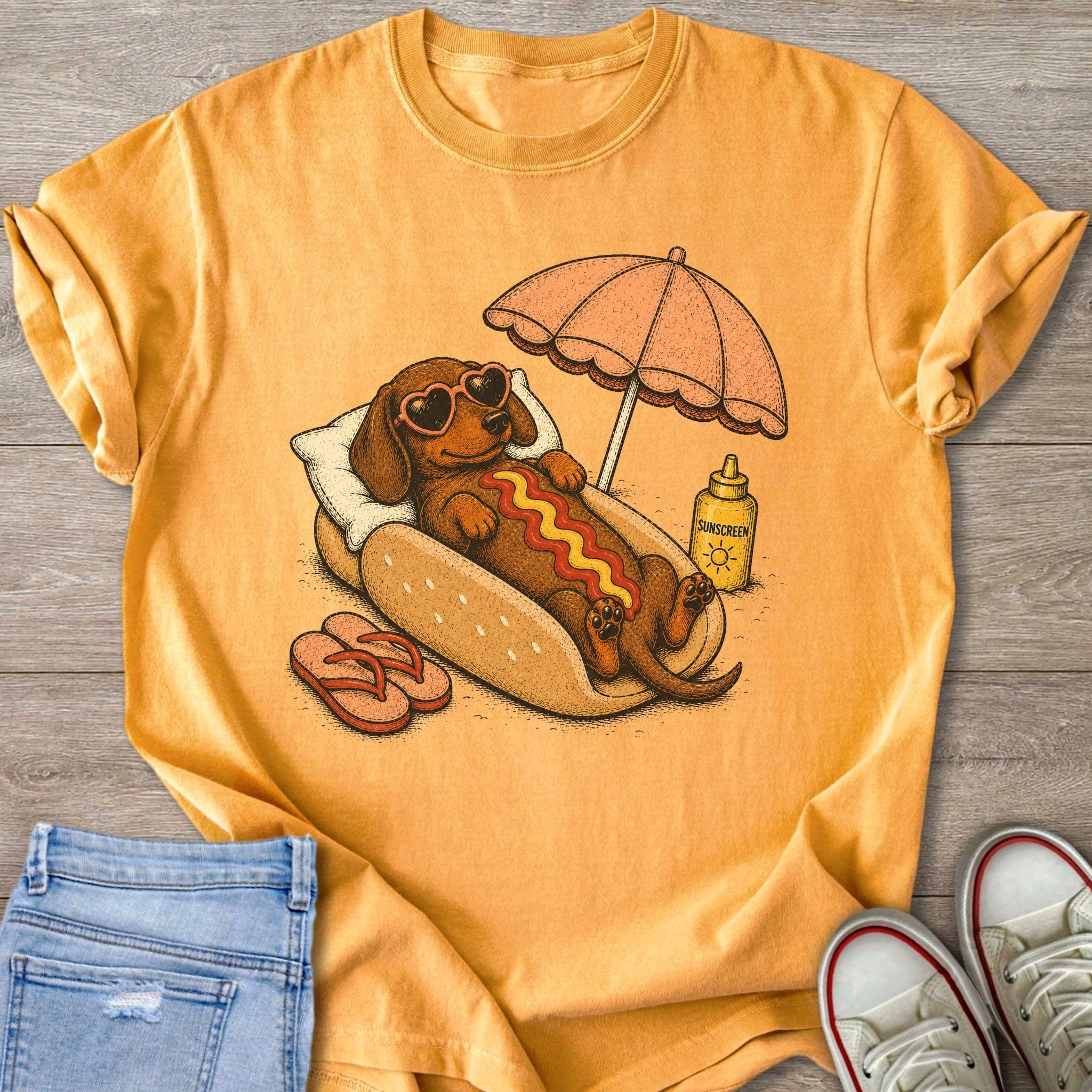 Dachshund in a hot dog bun wearing sunglasses with sunscreen and umbrella.