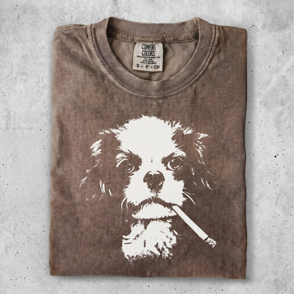 T-shirt with distressed print of a dog smoking a cigarette.