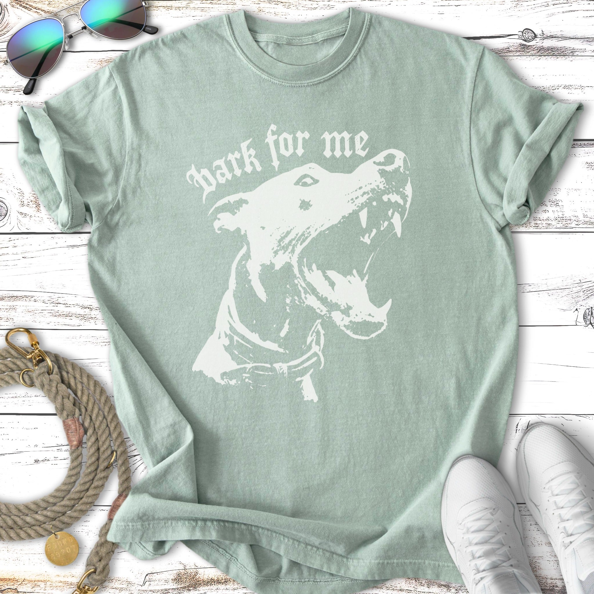 T-shirt with white graphic of an angry dog and text "bark for me".