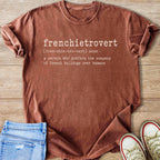 Brown t-shirt with "Frenchietrovert" definition and French bulldogs preference text.