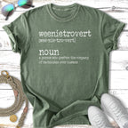 Green t-shirt with "weenietrovert" definition about preferring dachshunds over humans.