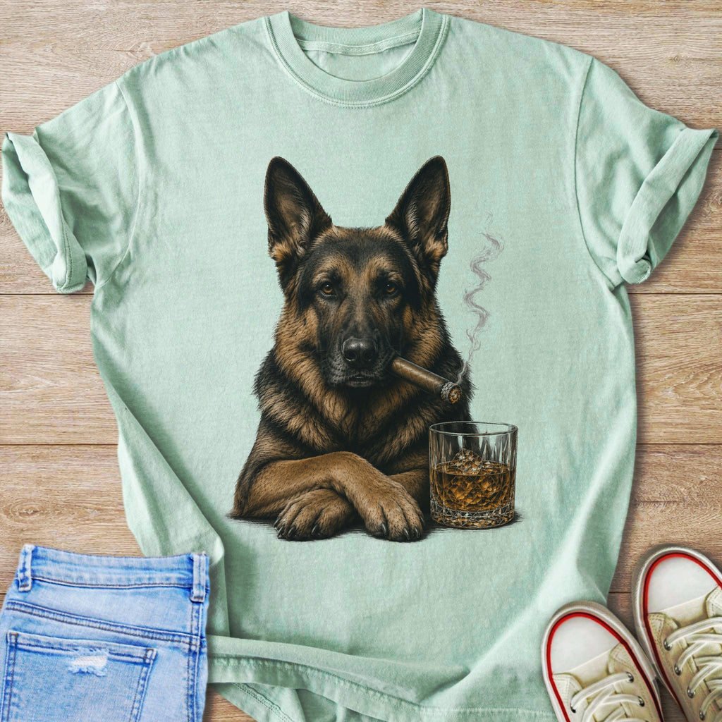 German Shepherd with cigar and whiskey on mint green t-shirt