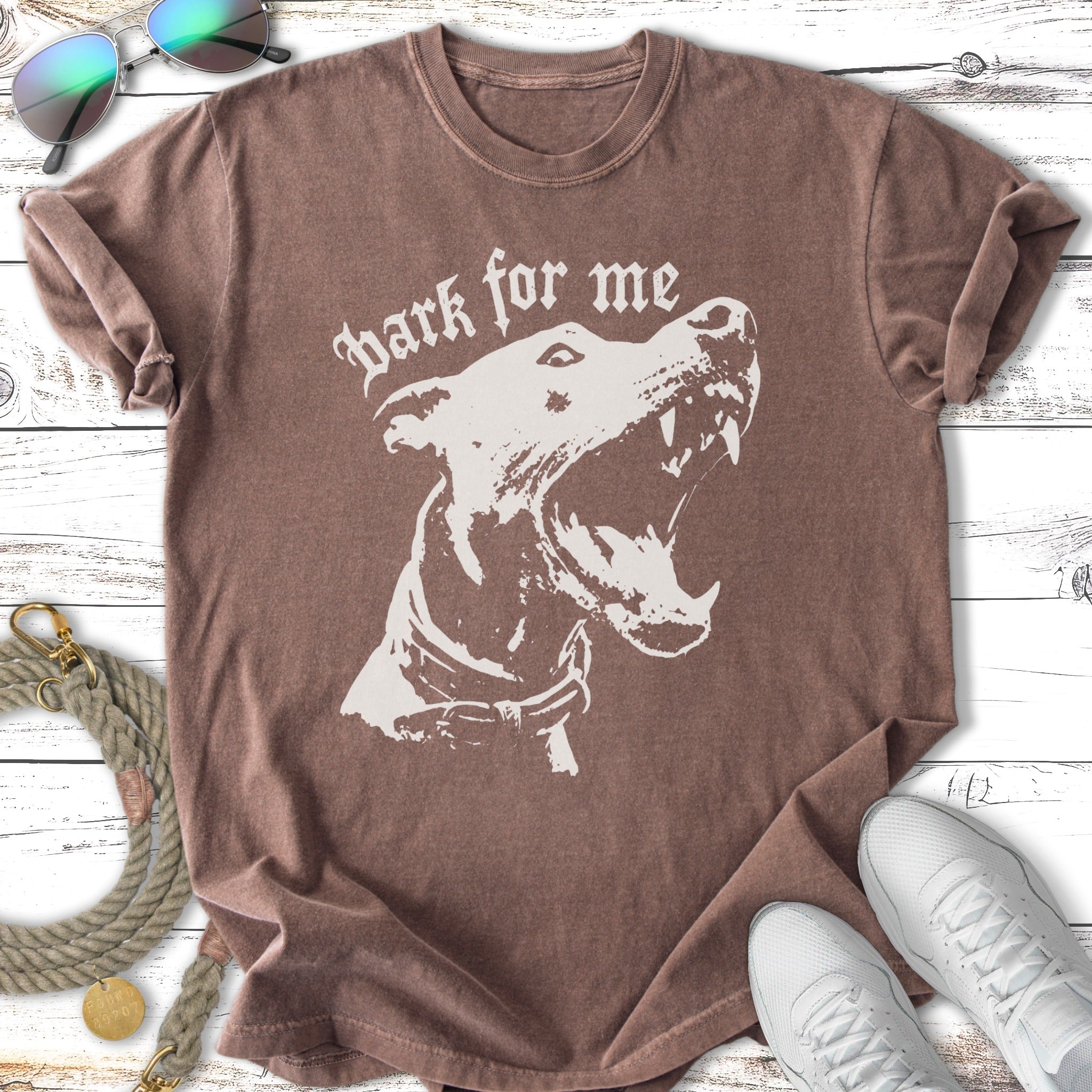 Brown t-shirt with distressed graphic of a dog's open mouth and text "Bark for me".