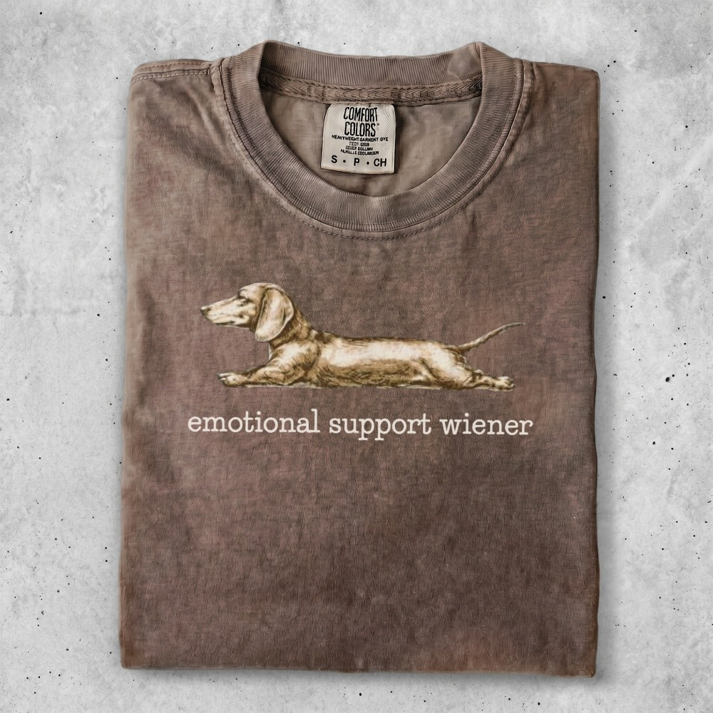 Brown t-shirt with a dachshund and "emotional support wiener" text.