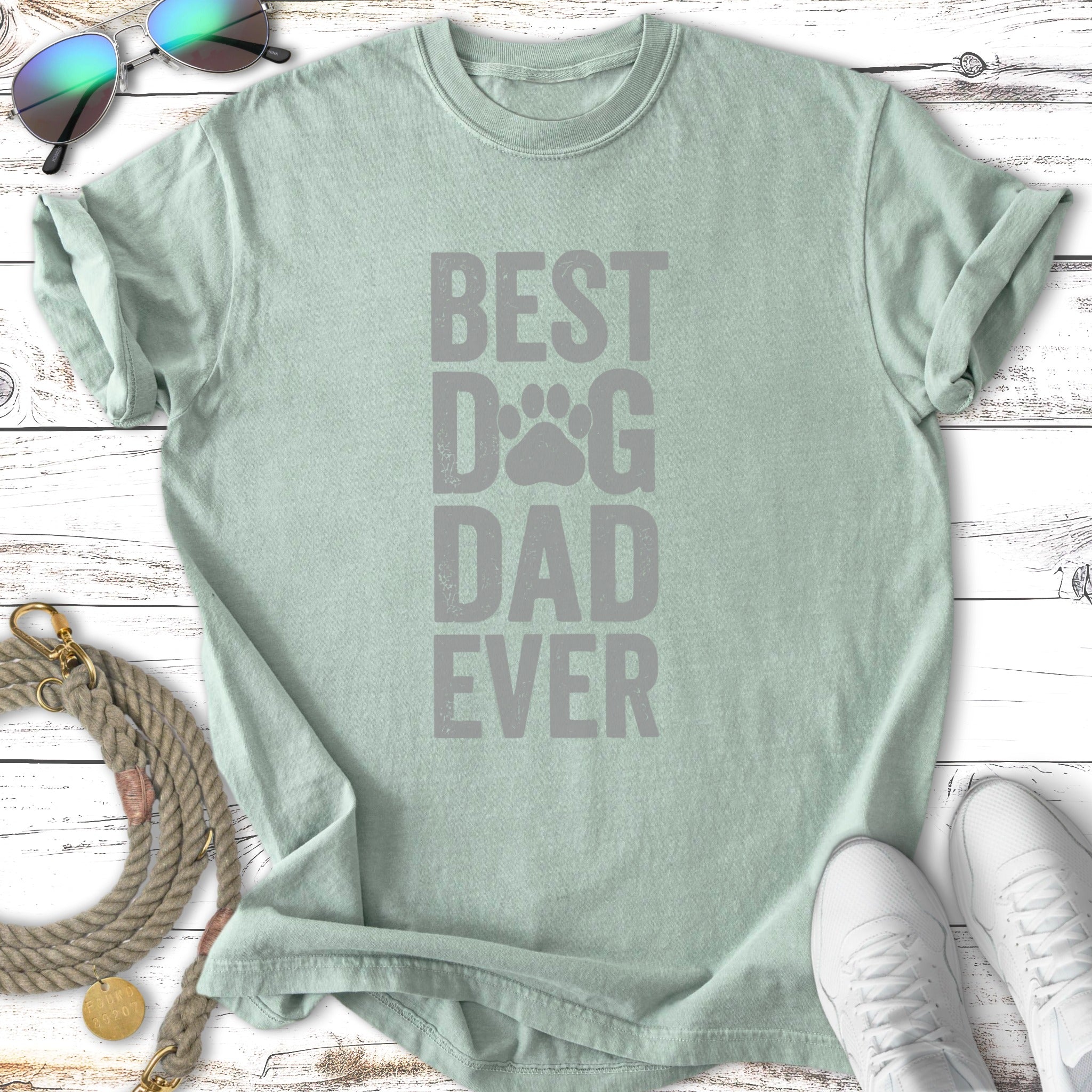 Light green t-shirt with "BEST DOG DAD EVER" text in gray.