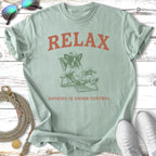 Relaxing French Bulldog wearing a cowboy hat on a lounge chair, text "RELAX NOTHING IS UNDER CONTROL".