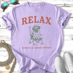Pug wearing a hat and sunglasses sits in a beach chair with text "RELAX NOTHING IS UNDER CONTROL."
