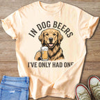 Peach t-shirt with a golden retriever holding a beer mug and text.