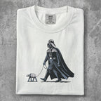 Darth Vader walking an AT-AT dog on a leash.