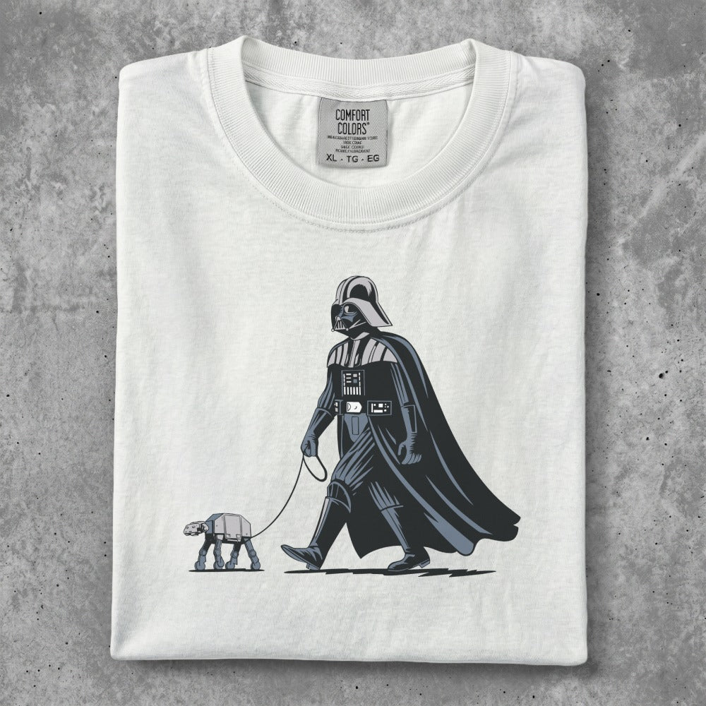 Darth Vader walking an AT-AT dog on a leash.