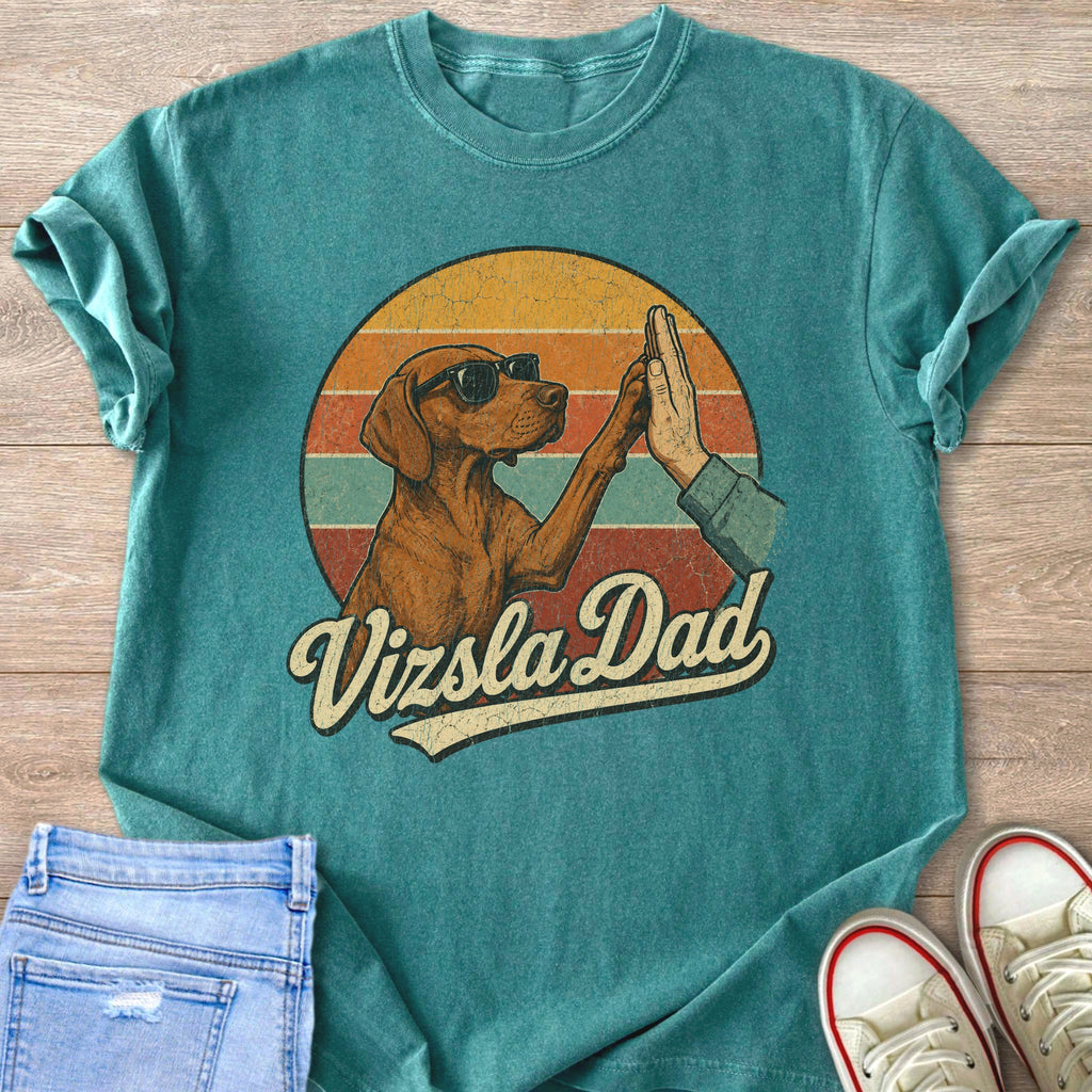 Vizsla dog wearing sunglasses gives a high five with text "Vizsla Dad".