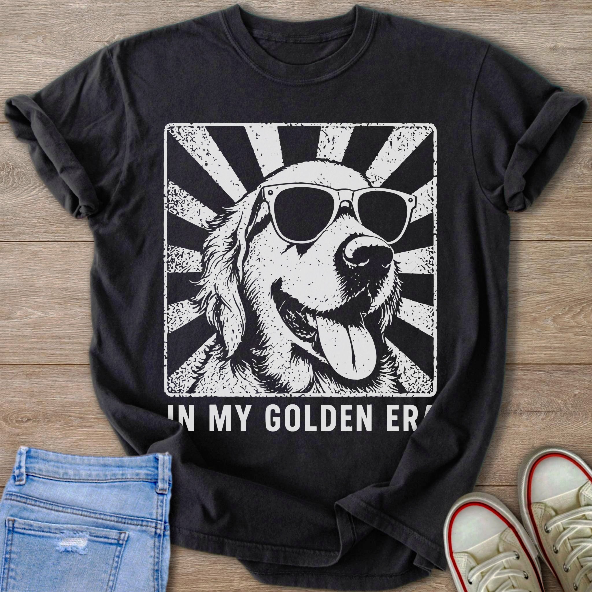 Black t-shirt with sunglasses-wearing golden retriever graphic and text "IN MY GOLDEN ER".