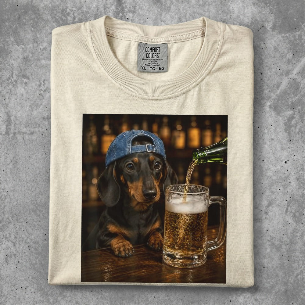 Dachshund wearing a blue cap pours beer into a mug.