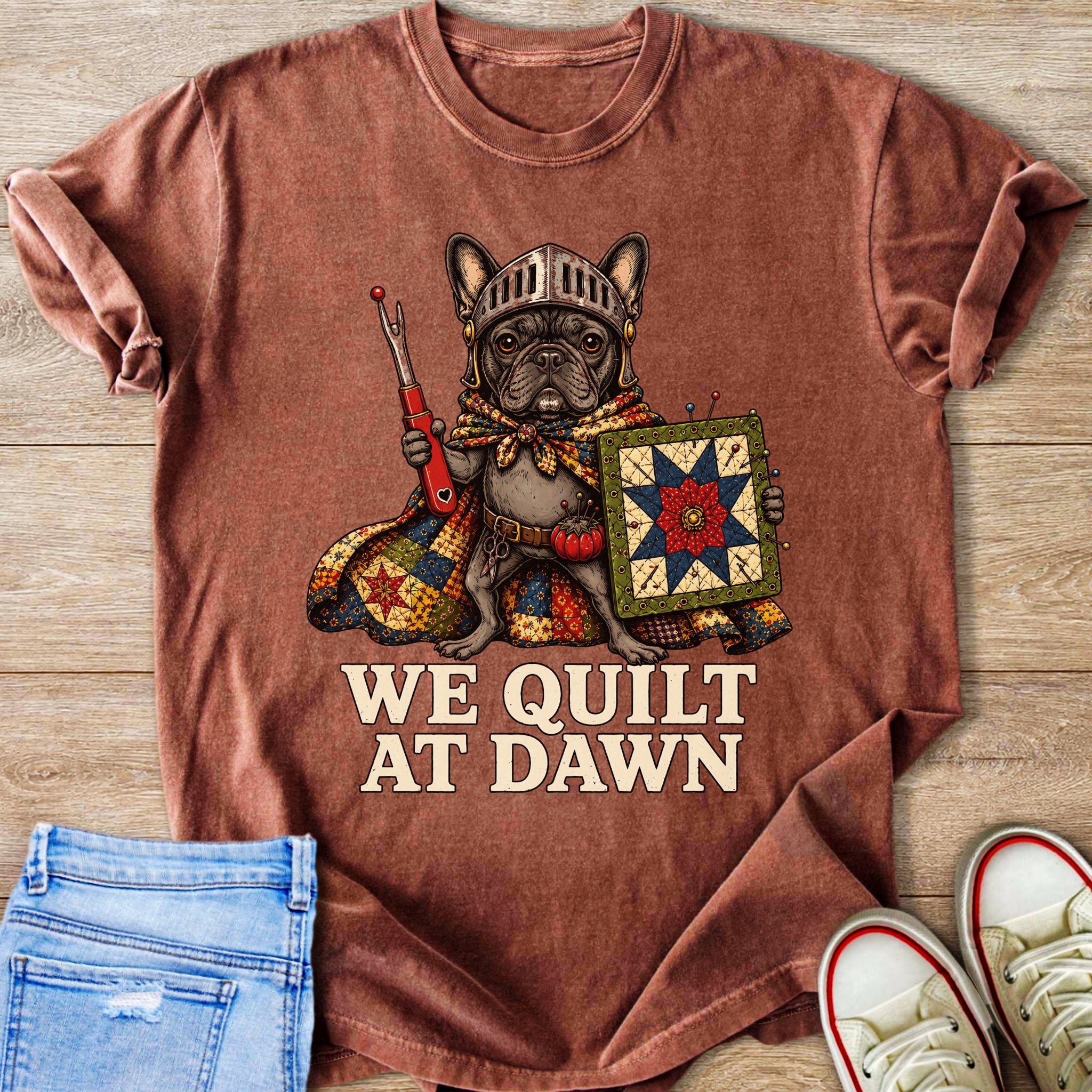 French bulldog in armor holding sewing tools and quilt, says "We Quilt at Dawn".