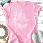 Pink t-shirt with a sketch of a French bulldog blowing a dandelion.