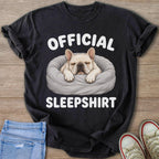 Black t-shirt with "OFFICIAL SLEEPSHIRT" and sleeping French bulldog illustration.