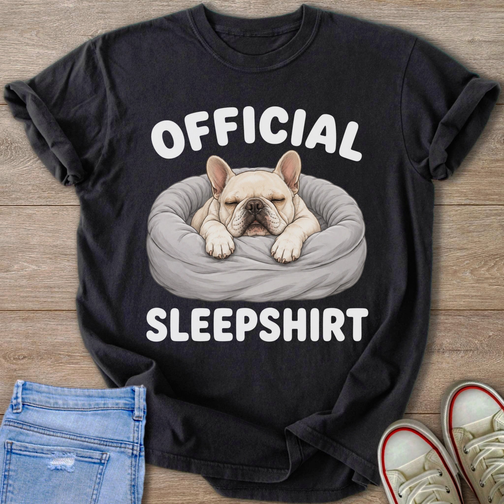 Black t-shirt with "OFFICIAL SLEEPSHIRT" and sleeping French bulldog illustration.