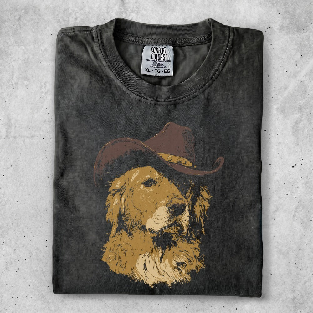 Golden retriever wearing a brown cowboy hat, printed on a dark gray t-shirt.