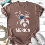 T-shirt with a schnauzer wearing American flag sunglasses and text 'MERICA.