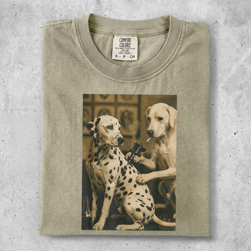 Dalmatians getting tattoos in an antique-style scene.