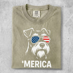 T-shirt with a white dog wearing American flag sunglasses and "MERICA" text.