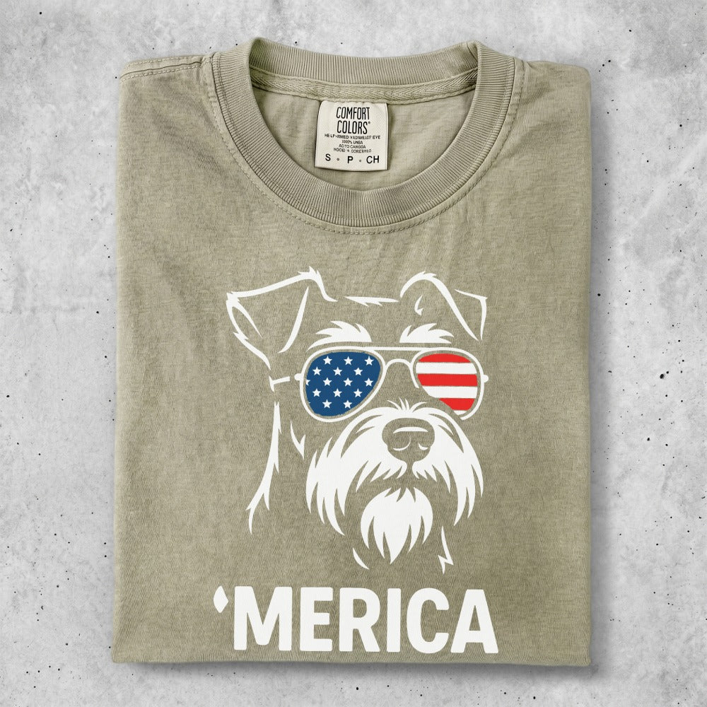 T-shirt with a white dog wearing American flag sunglasses and "MERICA" text.