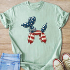 Light green t-shirt with a dog balloon graphic in red, white, and blue.