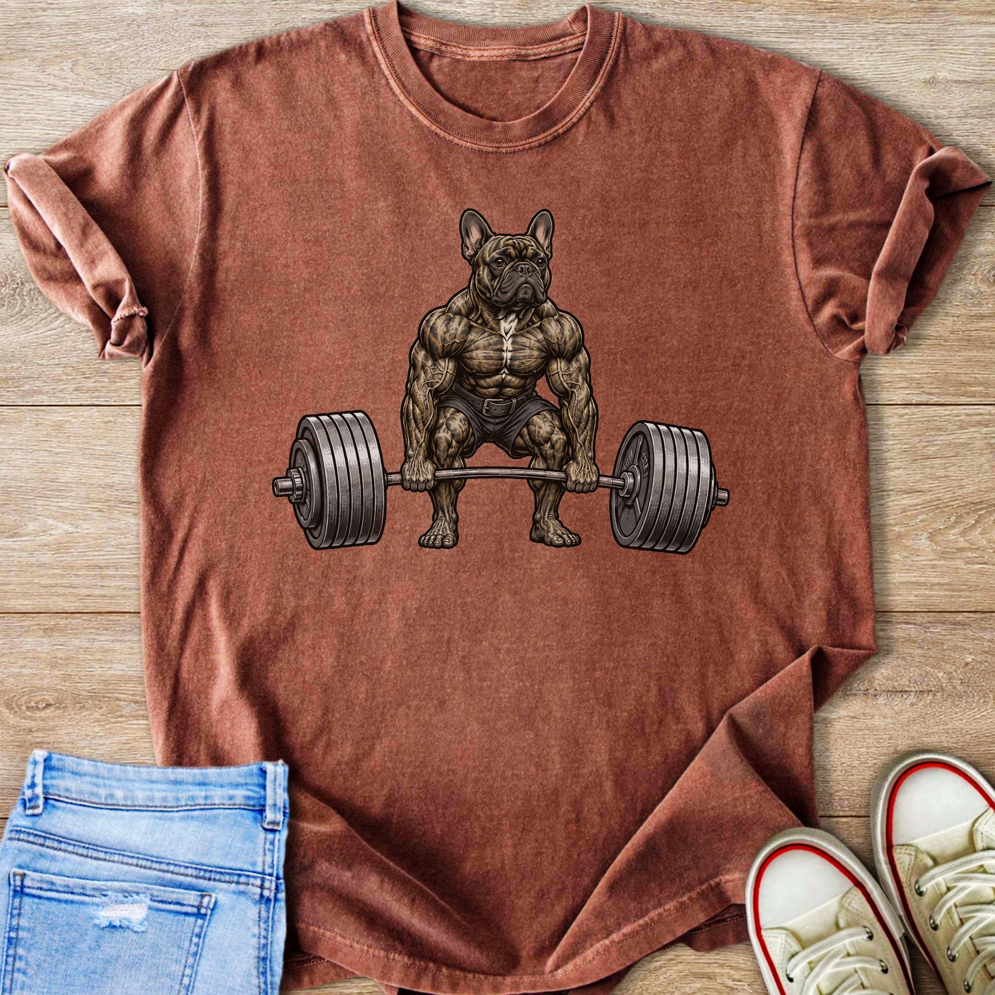 Brown t-shirt with illustration of a muscular French bulldog lifting a barbell.