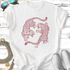 Two leopards in a circular pattern on a white t-shirt.