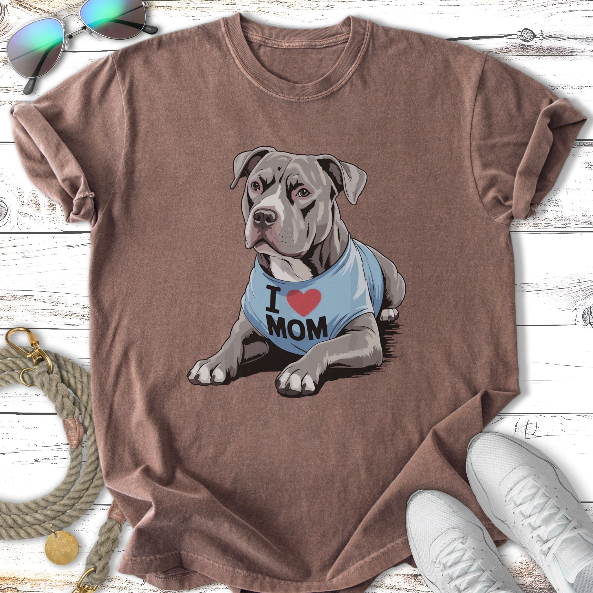 Brown t-shirt with illustration of a pit bull wearing an "I Love Mom" shirt.
