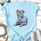 Blue t-shirt with a Pitbull wearing an "I Heart Mom" shirt.