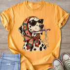 Dalmatian dog wearing sunglasses and a colorful scarf, holding crochet hook and yarn.