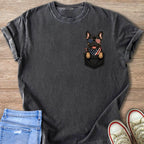 Dark grey t-shirt with a black pocket print featuring a French bulldog wearing American flag sunglasses and bandana.
