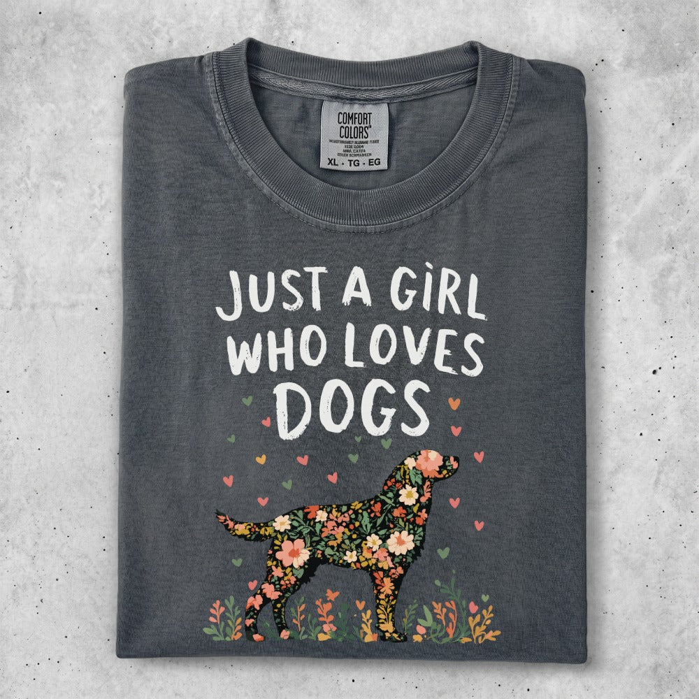Dark t-shirt with "Just a girl who loves dogs" and floral dog design.