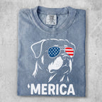 T-shirt graphic of a dog wearing American flag sunglasses with "MERICA" text.