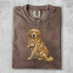 Golden Retriever wearing an "I Love Mom" shirt.