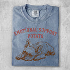 French bulldog graphic t-shirt with "Emotional Support Potato" text.