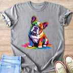 Grey t-shirt with colorful French bulldog graphic and paint splatters.