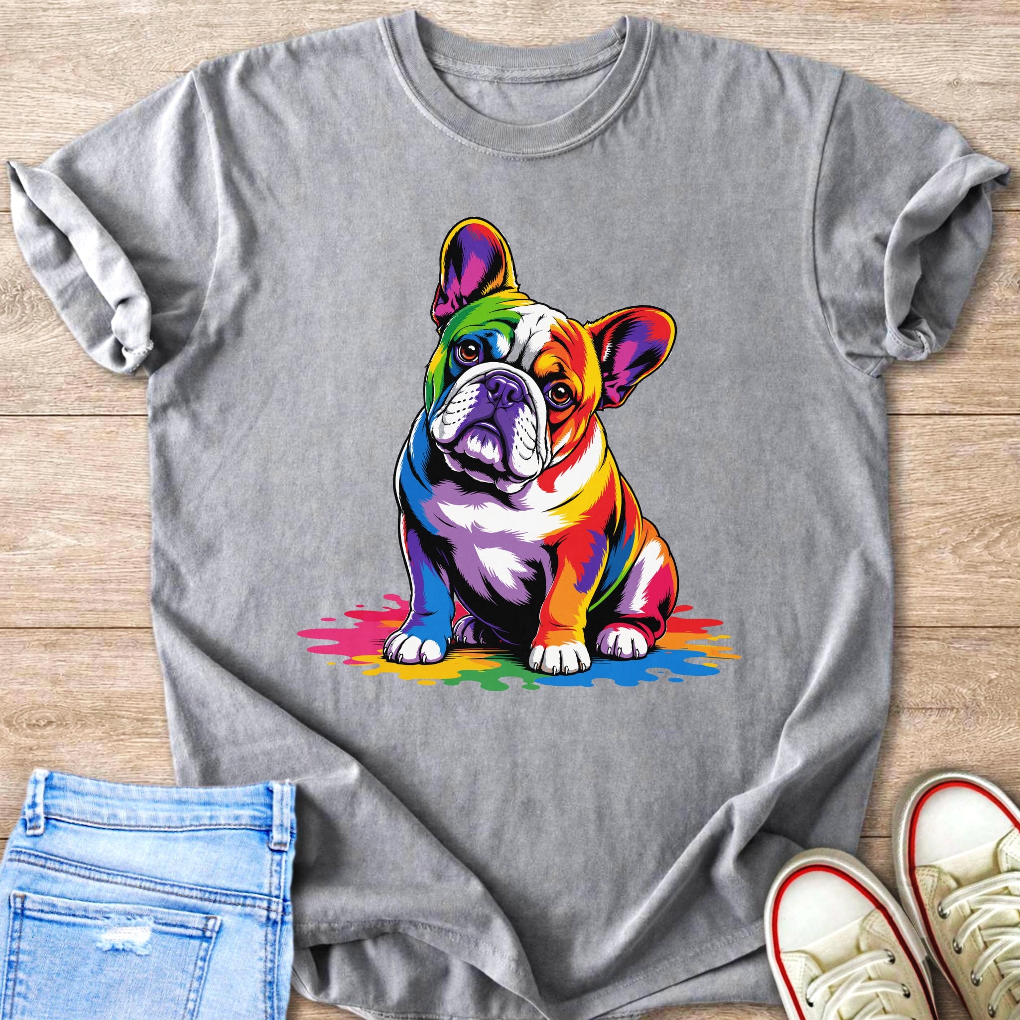 Grey t-shirt with colorful French bulldog graphic and paint splatters.