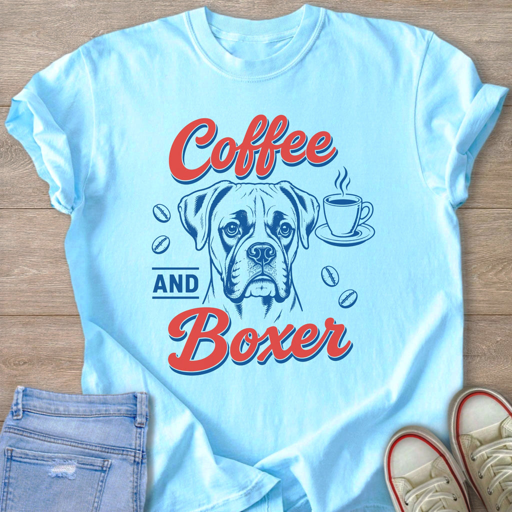 Light blue t-shirt with "Coffee AND Boxer" text and boxer dog illustration.