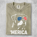 Rottweiler wearing American flag sunglasses with 'Merica text.