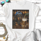 Dachshund wearing a baseball cap pours beer into a mug.