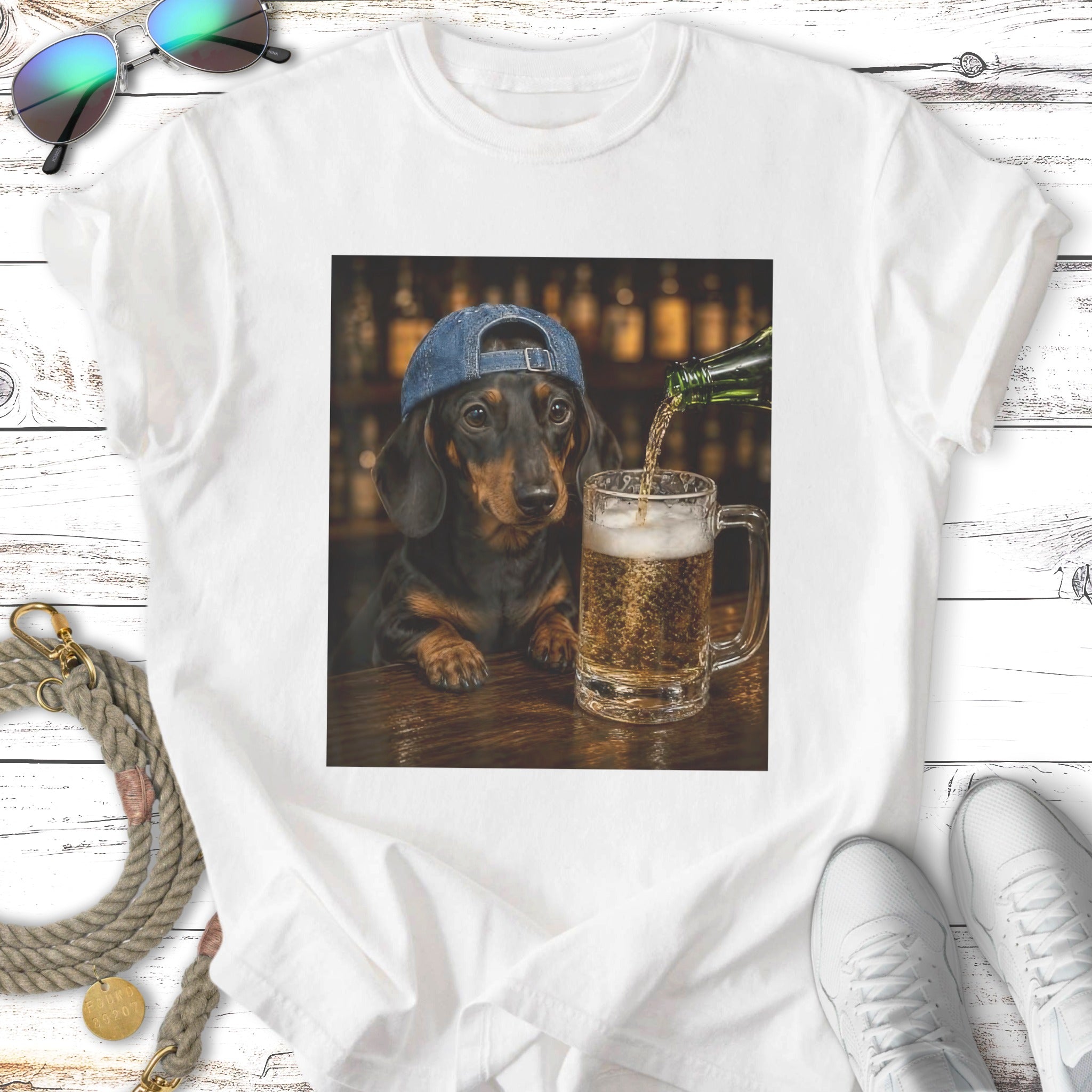 Dachshund wearing a baseball cap pours beer into a mug.