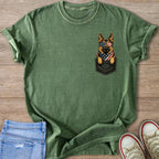 Green t-shirt with a German Shepherd wearing American flag sunglasses and bandana in a pocket.