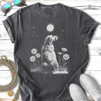 Golden retriever in grass with moon and daisies.