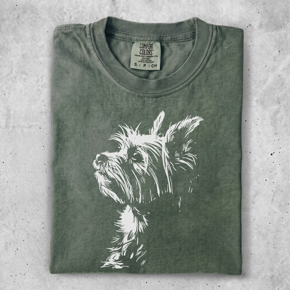 Green t-shirt with white terrier dog sketch and Comfort Colors logo.