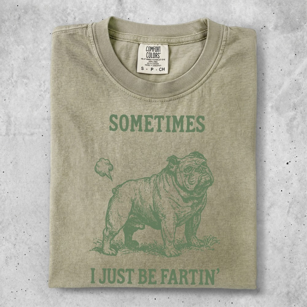 Green t-shirt with a distressed bulldog illustration and text "SOMETIMES I JUST BE FARTIN'".