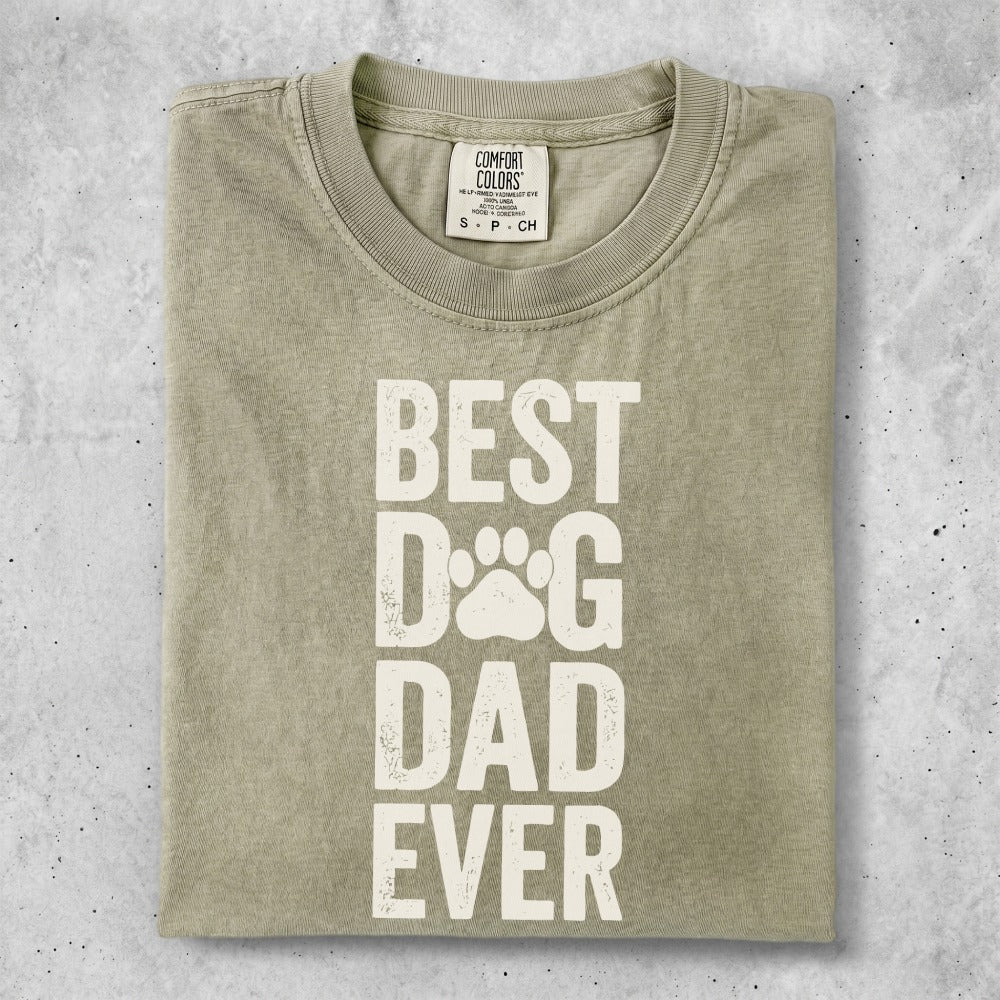 T-shirt with "BEST DOG DAD EVER" printed in white text.