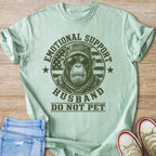 Chimp wearing sunglasses and military cap with American flag, "Emotional Support Husband Do Not Pet"