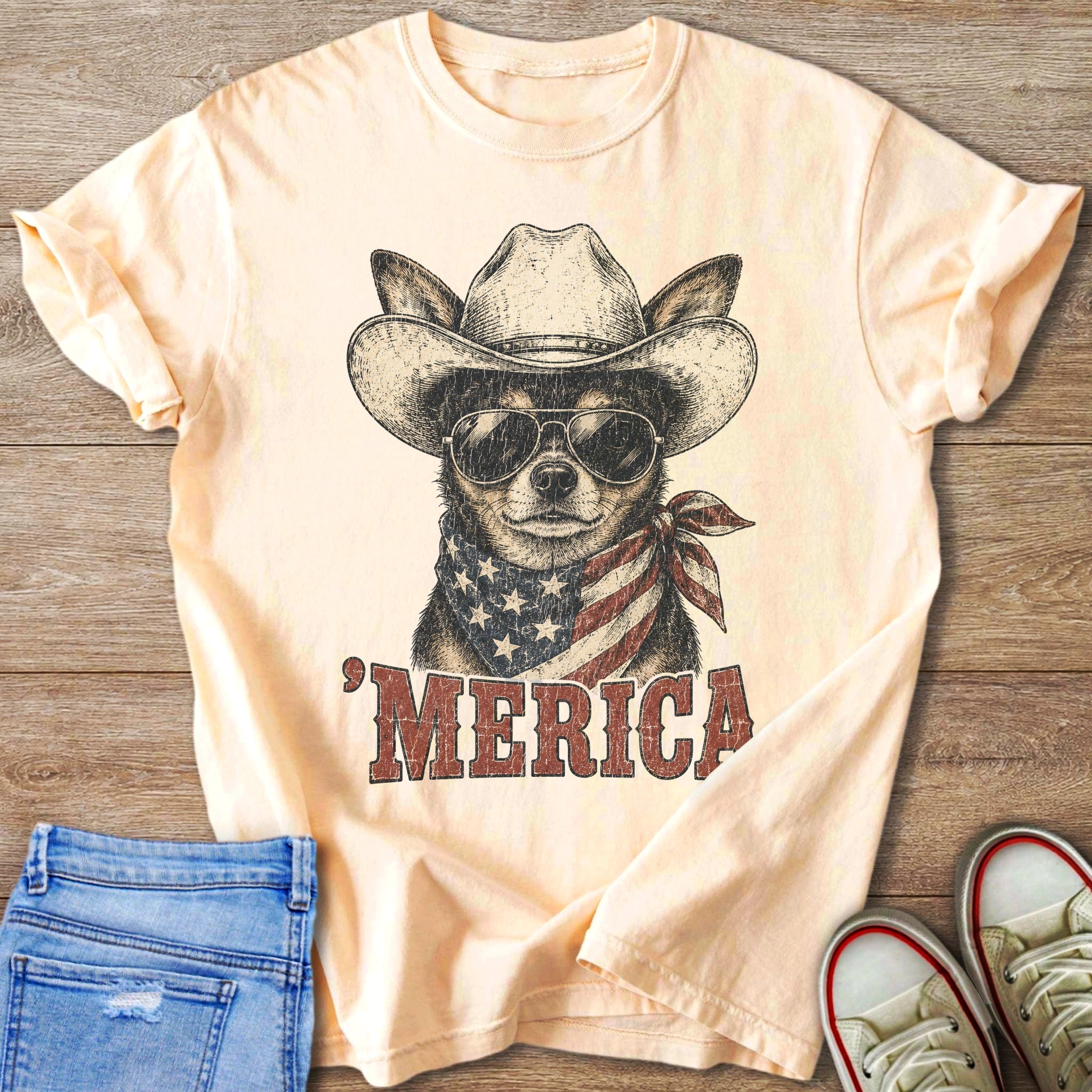 T-shirt graphic of a dog wearing a cowboy hat, sunglasses, and an American flag bandana with "MERICA" text.